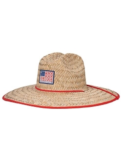 Straw Sun Hat - Fish Flag Lifeguard, Adjustable Chin Cord, Inner Elasticized Sweatband, 5 1/4" Big Brim