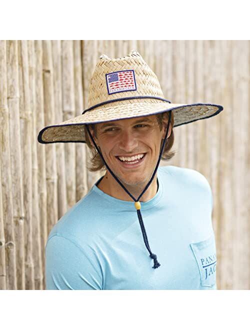 Panama Jack Straw Sun Hat - Fish Flag Lifeguard, Adjustable Chin Cord, Inner Elasticized Sweatband, 5 1/4" Big Brim