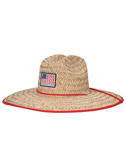 Panama Jack Straw Sun Hat - Fish Flag Lifeguard, Adjustable Chin Cord, Inner Elasticized Sweatband, 5 1/4" Big Brim