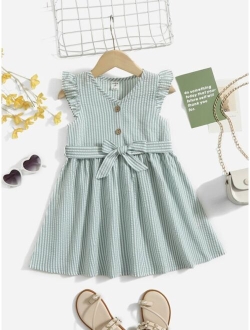 Toddler Girls Striped Butterfly Sleeve Belted Dress