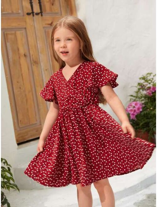 SHEIN Toddler Girls 1pc Confetti Heart Print Butterfly Sleeve Dress