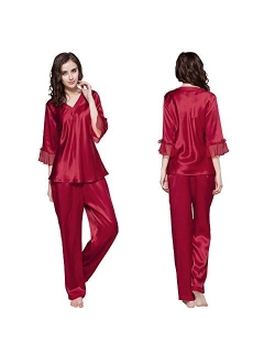 Women's 100% Real Silk Pajamas Set V Neck 3/4 Long Sleeve 22 Momme Mulberry Silk Sleepwear