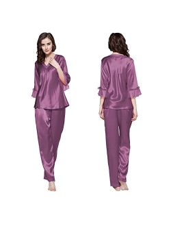 Women's 100% Real Silk Pajamas Set V Neck 3/4 Long Sleeve 22 Momme Mulberry Silk Sleepwear