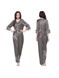 Women's 100% Real Silk Pajamas Set V Neck 3/4 Long Sleeve 22 Momme Mulberry Silk Sleepwear