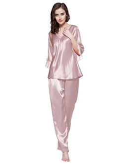 Women's 100% Real Silk Pajamas Set V Neck 3/4 Long Sleeve 22 Momme Mulberry Silk Sleepwear