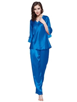 Women's 100% Real Silk Pajamas Set V Neck 3/4 Long Sleeve 22 Momme Mulberry Silk Sleepwear