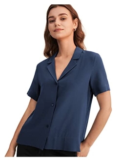 Silk Shirts for Womens Sexy V Neck Half-Sleeve Notch Button Front Casual Longer Back