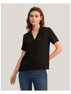 Silk Shirts for Womens Sexy V Neck Half-Sleeve Notch Button Front Casual Longer Back