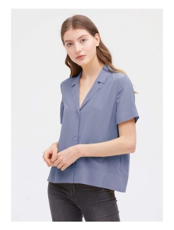 Silk Shirts for Womens Sexy V Neck Half-Sleeve Notch Button Front Casual Longer Back