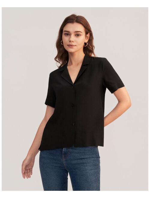 LilySilk Silk Shirts for Womens Sexy V Neck Half-Sleeve Notch Button Front Casual Longer Back