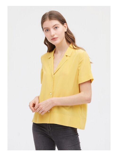 LilySilk Silk Shirts for Womens Sexy V Neck Half-Sleeve Notch Button Front Casual Longer Back