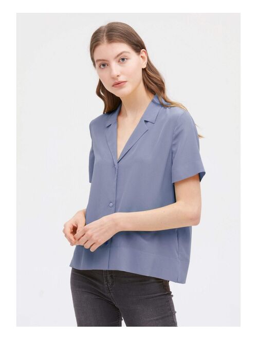 LilySilk Silk Shirts for Womens Sexy V Neck Half-Sleeve Notch Button Front Casual Longer Back