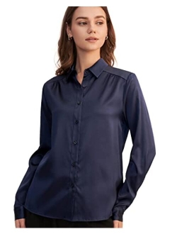 Silk Blouse Shirts Womens Long Sleeves Collared 19MM Natural Silk Charmeuse Office Wear Basic Simple Tops