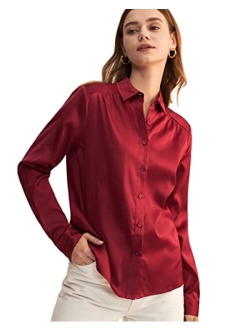 Silk Blouse Shirts Womens Long Sleeves Collared 19MM Natural Silk Charmeuse Office Wear Basic Simple Tops