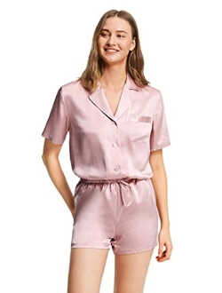 Women's Silk Pajamas Short Sleeve Sleepwear Button Down 19 Momme 100% Mulberry Silk Two Piece Pajama Set