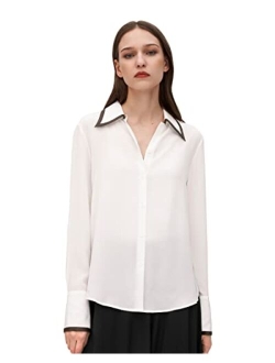 Silk Blouse for Women 19 Momme Real Silk Contrast Piping Silk Willow Shirt Tops