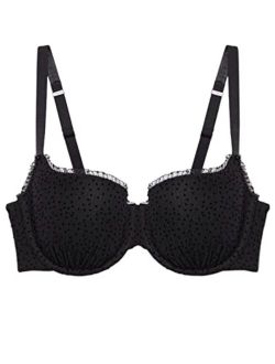 Savage X Fenty, Women's, Back to The Boudoir Balconette Bra, Mesh, Flocked dots, Padded Balconette Bra, Black Caviar, 44DDD