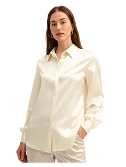 22 Momme Pure Silk Blouse for Women Elegant Lace Stitched Long Sleeves Retro Classic Shirt for Ladies