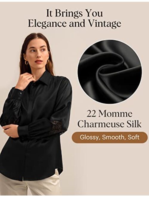 LilySilk 22 Momme Pure Silk Blouse for Women Elegant Lace Stitched Long Sleeves Retro Classic Shirt for Ladies