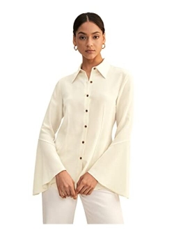 Pure Silk Shirt Womens 18 Momme Classic Blouse with Puff Sleeve and Pleated Back for Casual or Business