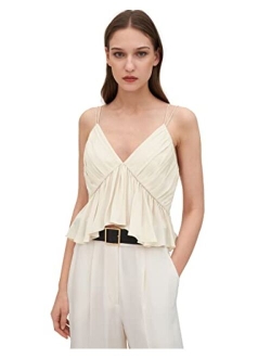 Womens Silk Camisole 18 Momme Mulberry Silk Pleated Tank Top for Women with V-Neck