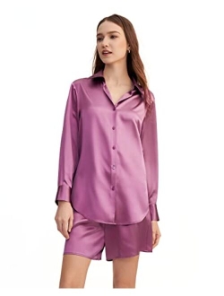 Silk Pajama Set for Women 22 Momme Silk Trendy Cropped Button-up Sleepwear Top & Short Pants 2 Piece PJ Set