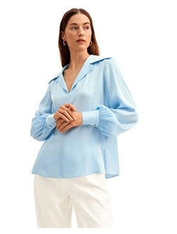 Silk Pullover Shirt Loose Style Fit Silk Blouse for Women V Neck Retro Long Sleeves Tops for Ladies