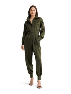 Womens Silk Jumpsuit Sand-Wash 22MM Mulberry Military Silk Long Sleeve Pocket Playsuit Ladies Fall