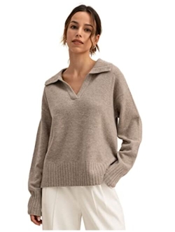 Women's Polo Sweater 100% Merino Wool Oversized Basic Pullover Sweatshirt for Fall Winter