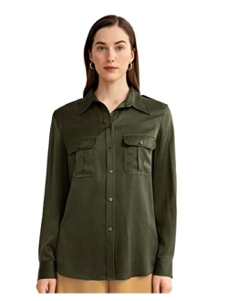 Womens Silk Shirt Ladies Sand-Wash 22MM Mulberry Silk Blouse with Military Uniform Design