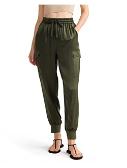 Women's Silk Pants Military Stretch Ribbed Cuffs with Side Pockets Casual Soft Relaxed Fit Trousers for Ladies