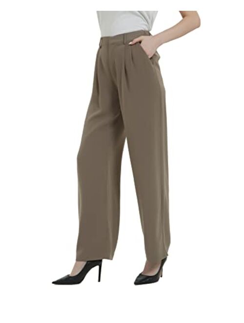 Tronjori Women High Waist Casual Straight Leg Long Dress Pants Wide Leg Trousers Regular Waistband