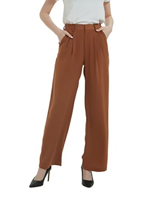 Tronjori Women High Waist Casual Straight Leg Long Dress Pants Wide Leg Trousers Regular Waistband