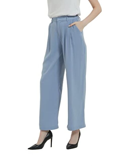 Tronjori Women High Waist Casual Straight Leg Long Dress Pants Wide Leg Trousers Regular Waistband