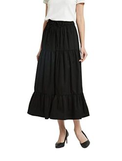 Tronjori Womens A Line Long Midi Denim Skirt Tired Pleated Layers Elastic Waist Front Drawstring