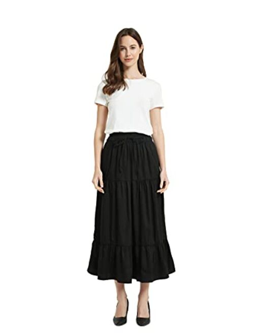 Tronjori Womens A Line Long Midi Denim Skirt Tired Pleated Layers Elastic Waist Front Drawstring