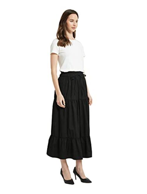 Tronjori Womens A Line Long Midi Denim Skirt Tired Pleated Layers Elastic Waist Front Drawstring