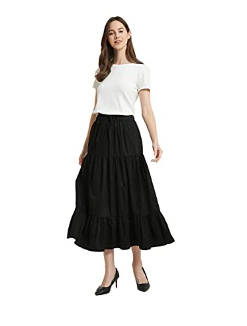 Tronjori Womens A Line Long Midi Denim Skirt Tired Pleated Layers Elastic Waist Front Drawstring