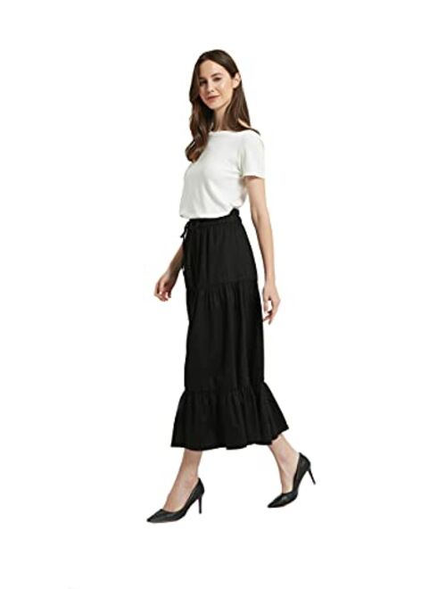 Tronjori Womens A Line Long Midi Denim Skirt Tired Pleated Layers Elastic Waist Front Drawstring