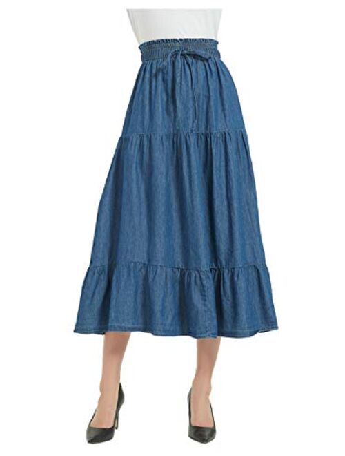 Tronjori Womens A Line Long Midi Denim Skirt Tired Pleated Layers Elastic Waist Front Drawstring