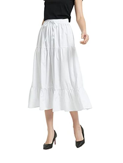 Tronjori Womens A Line Long Midi Denim Skirt Tired Pleated Layers Elastic Waist Front Drawstring