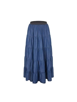 Tronjori Womens A Line Long Lightweight Tencel Denim Tiered Skirt with Multi Layers