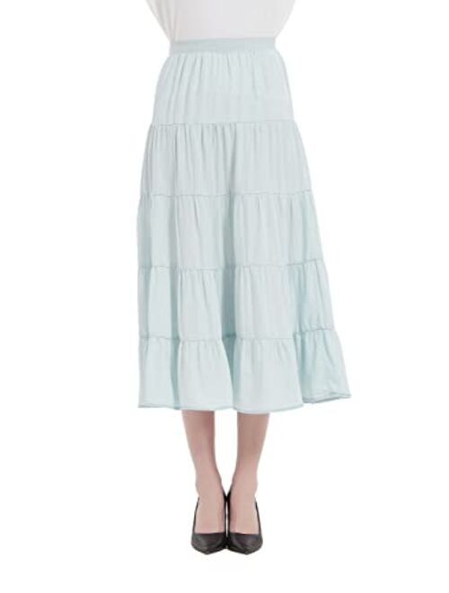 Tronjori Womens A Line Long Lightweight Tencel Denim Tiered Skirt with Multi Layers