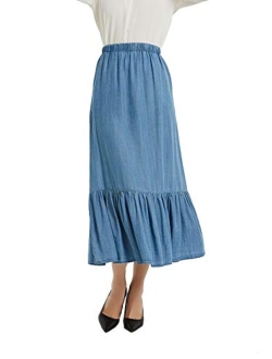 Tronjori Womens Tencel Denim Long Midi Skirt Pleated Hem