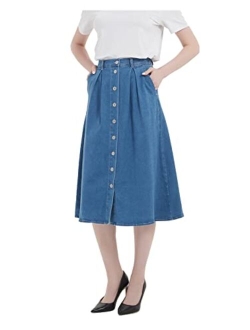 Tronjori Womens A Line Long Midi Denim Skirt with Button Front