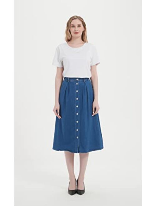 Tronjori Womens A Line Long Midi Denim Skirt with Button Front