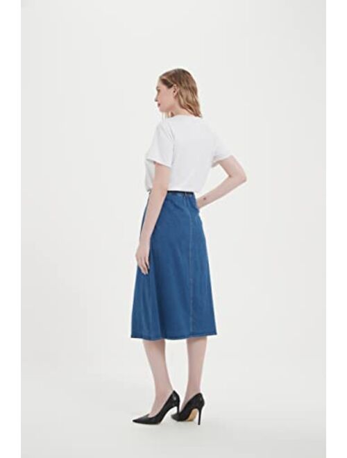 Tronjori Womens A Line Long Midi Denim Skirt with Button Front