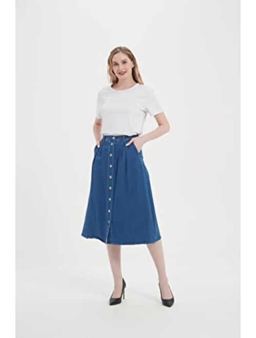 Tronjori Womens A Line Long Midi Denim Skirt with Button Front