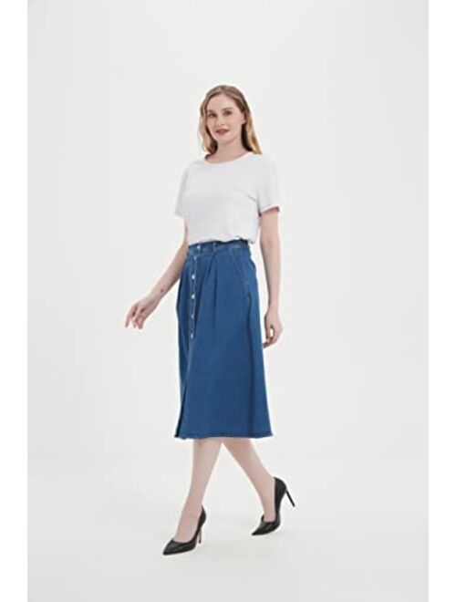 Tronjori Womens A Line Long Midi Denim Skirt with Button Front