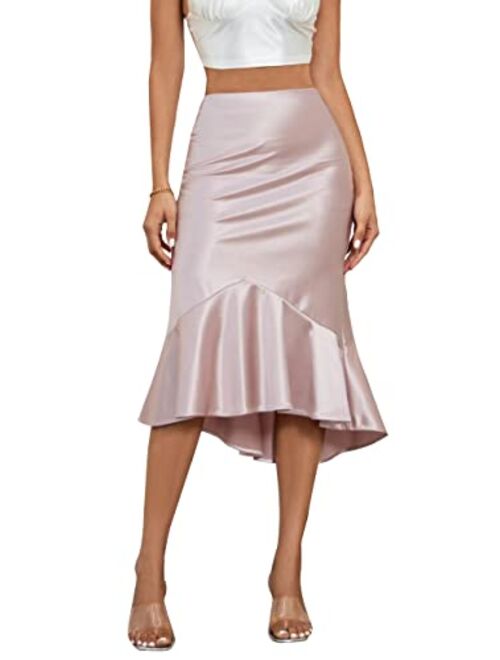 ALCEA ROSEA Women High Waist Satin Skirt Fishtail Silky Skirts Bodycon Stretchy Mermaid Pencil Midi Skirt